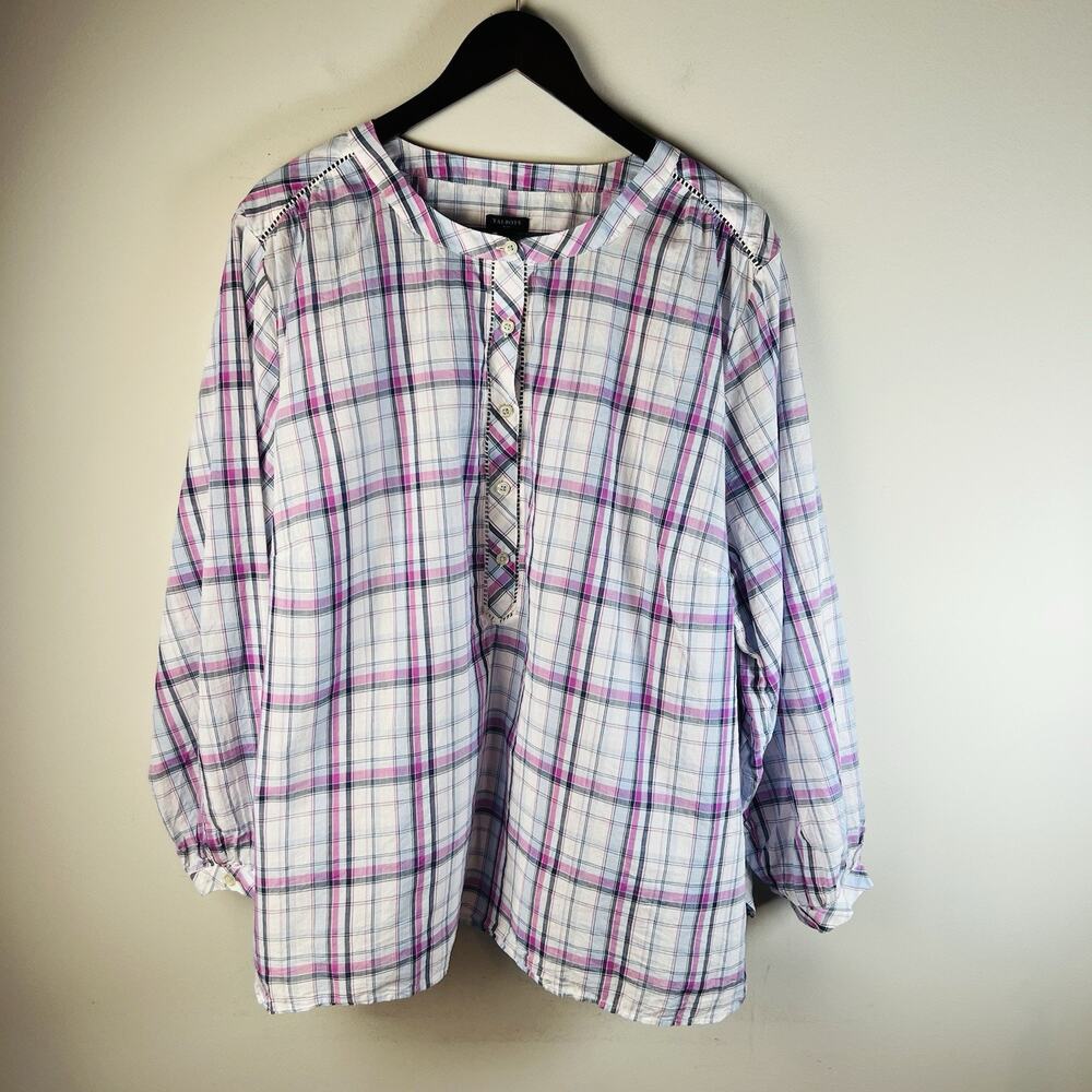 TALBOTS Top White PLAID Pullover PEASANT BOHO TUNIC Peasant Plus 3X